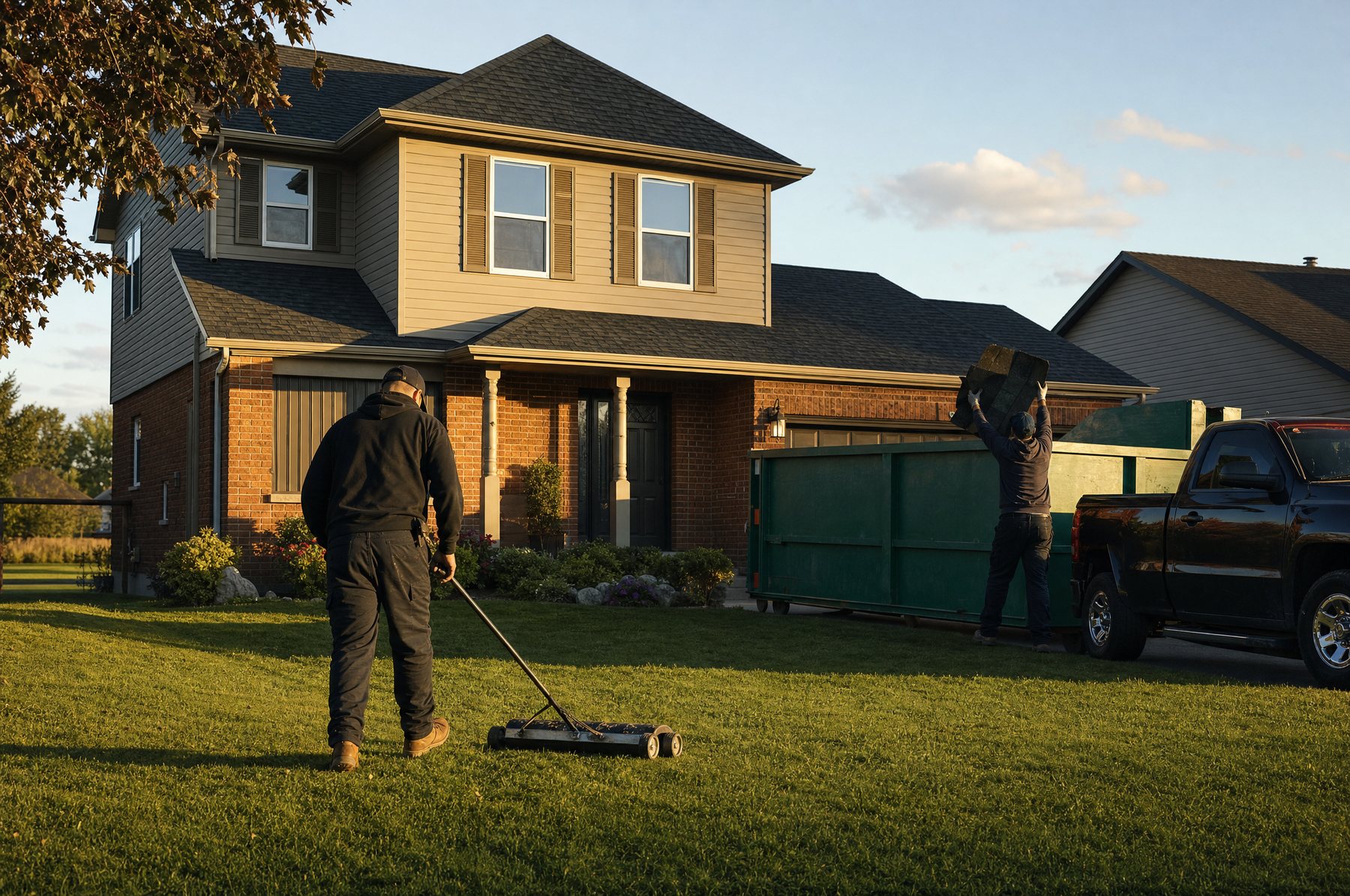 The Faber Roofing crew sweeping the lawn with a nail magnet and loading the dumpster after a roof replacement