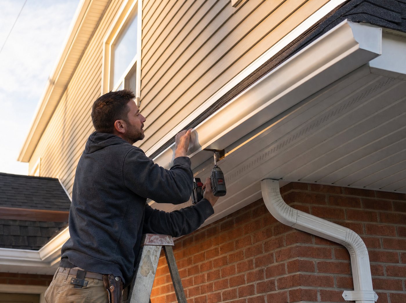 Roofer installing new seamless aluminum eavestrough on fresh fascia