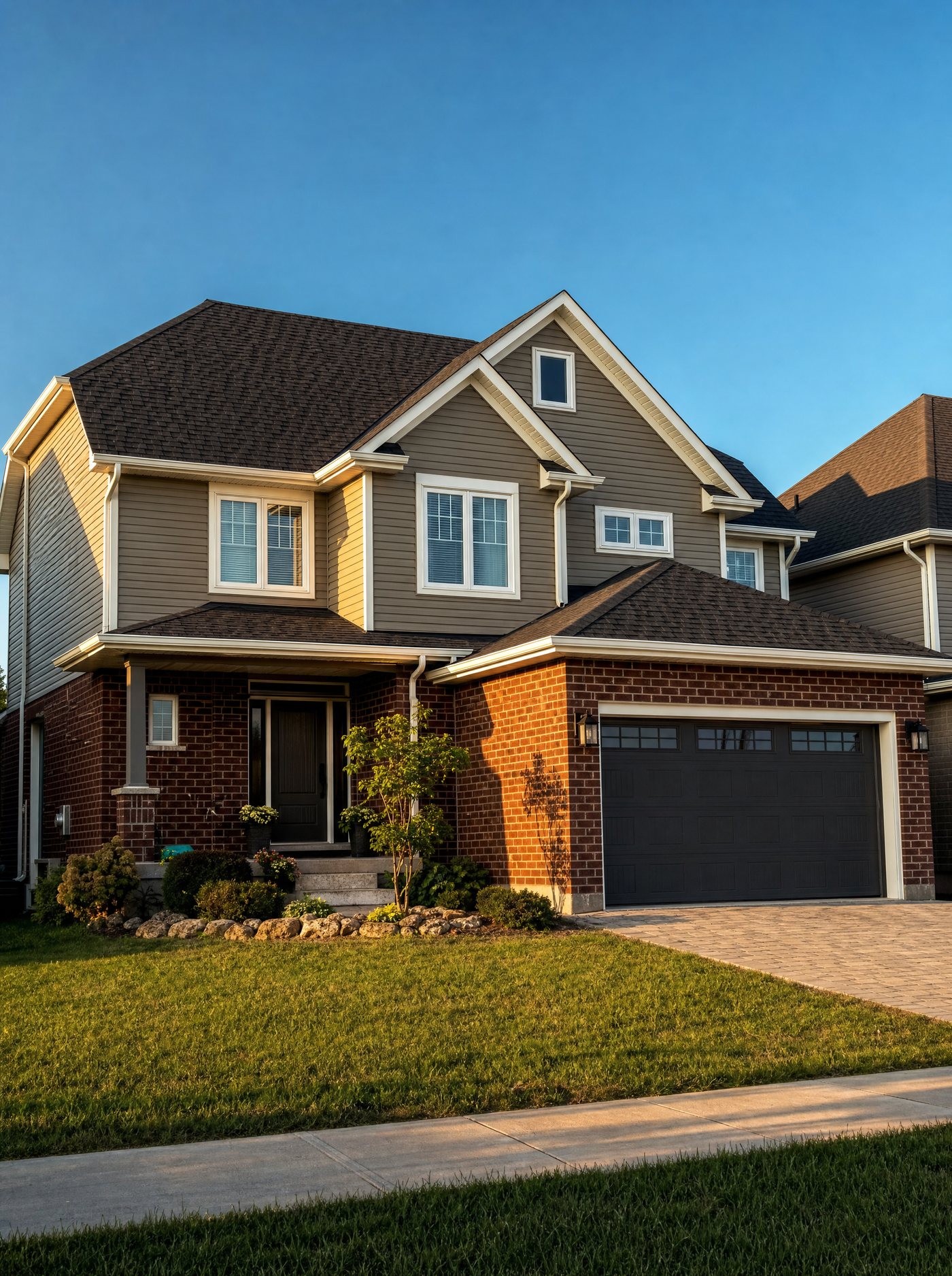 Finished charcoal shingle roof on a two-storey Welland home at golden hour