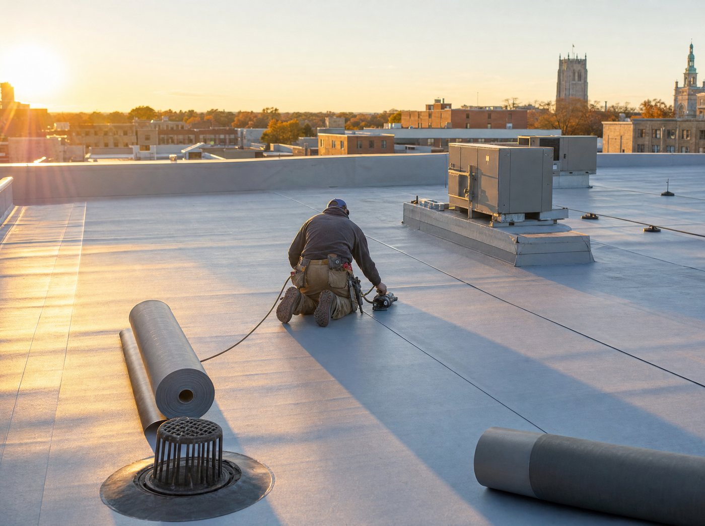Roofer heat-welding a seam on a new flat roof membrane