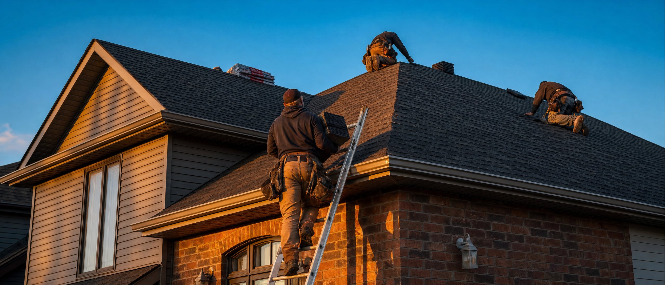 Faber Roofing crew finishing a new charcoal architectural shingle roof on a two-storey Welland home at sunset
