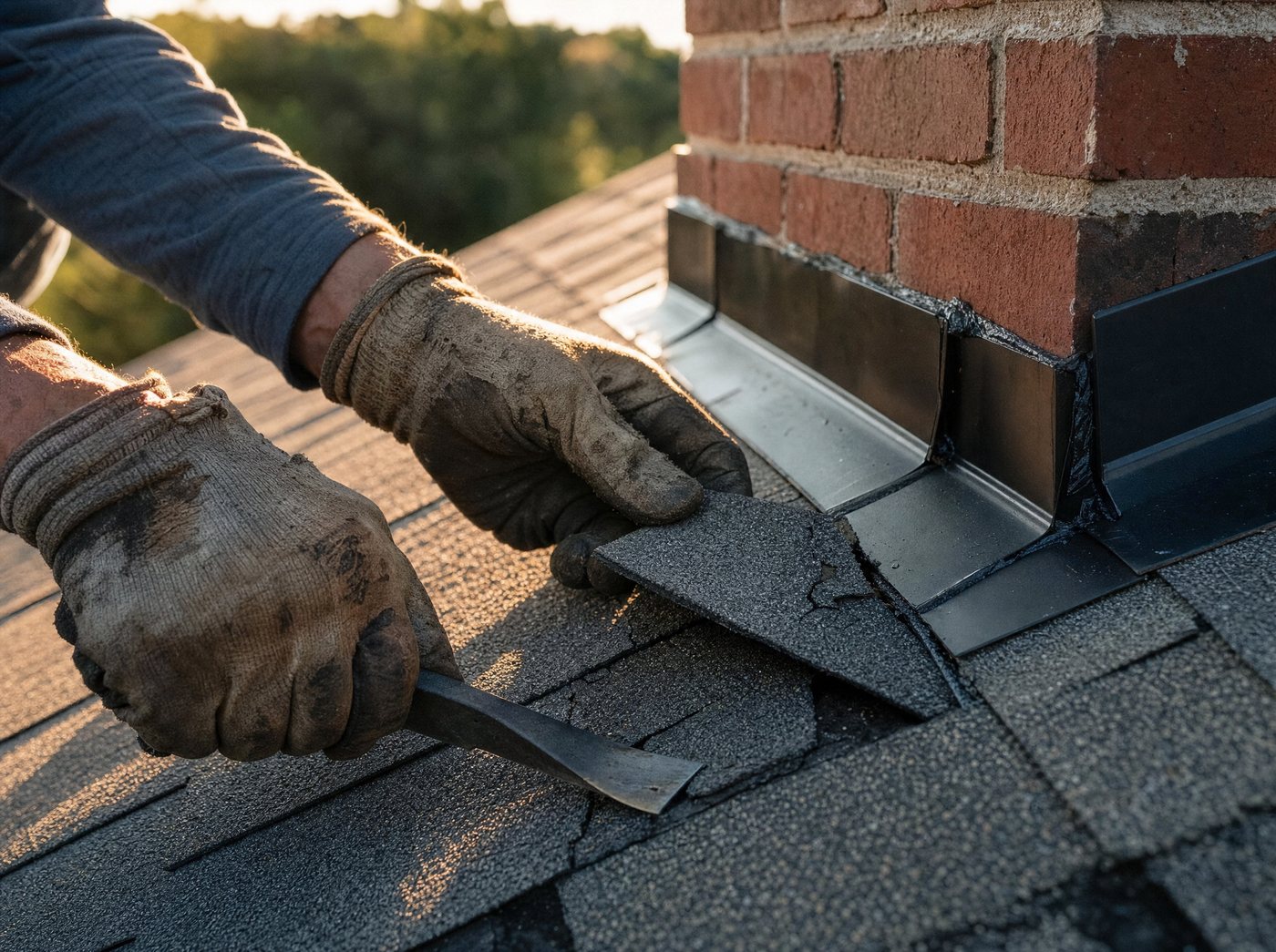 Roofer lifting a cracked shingle beside new chimney flashing
