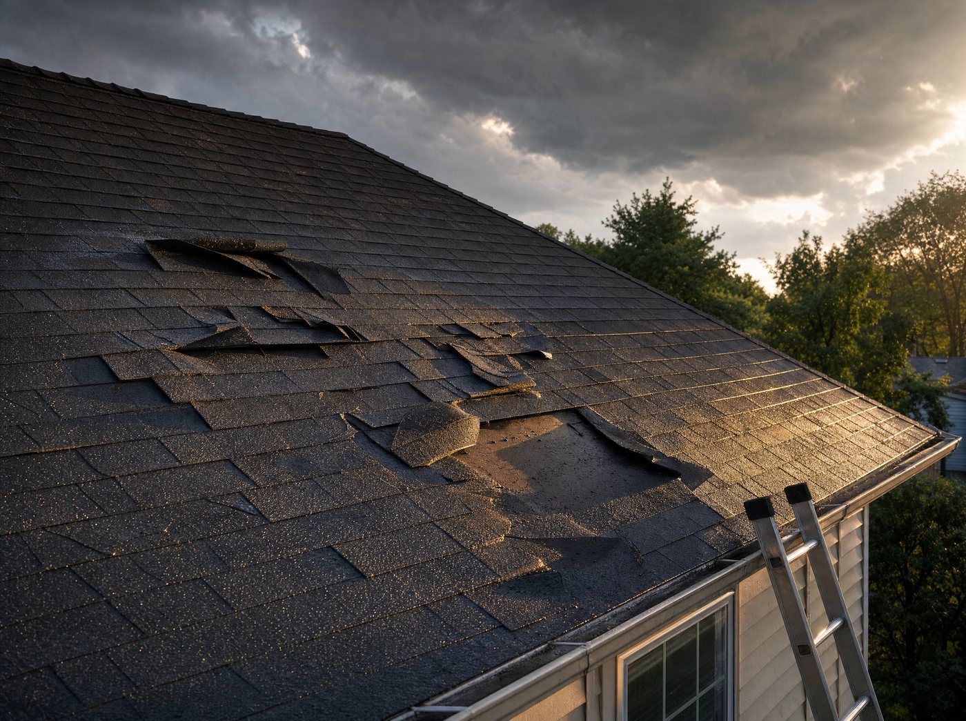Shingles lifted by wind on a residential roof under a clearing storm sky